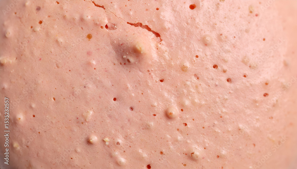 Fototapeta premium close-up macro texture of pink macaron shell surface with bumps and air holes, pastel bakery background, smooth and cracked baked crust 