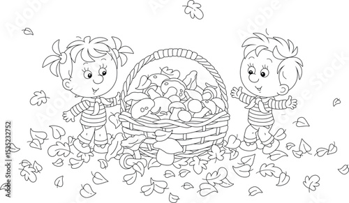 Happy little girl and boy mushroomers and a big wicker basket full of edible mushrooms among fallen leaves on a forest glade, black and white vector cartoon illustration for a coloring book
