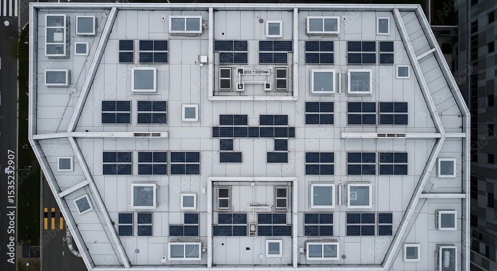Fototapeta premium Geometric building pattern on rooftop, solar panels arranged symmetrically