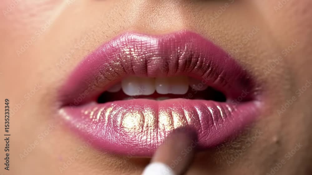 Pink lips with lipstick applied by brush Teeth are showing Pink lips with lipstick applied by brush Teeth are showing