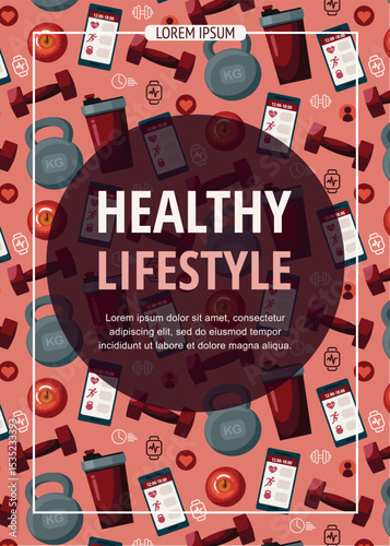 Fitness and healthy lifestyle flyer leaflet. Fitness pattern, seamless background with different sports equipments and icons on red background.