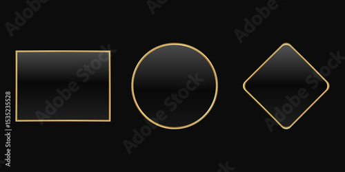 A set of thin gold frames. A collection of golden geometric frames isolated on a black background. Vector illustration