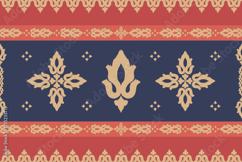 Traditional Thai textile vector pattern with lotus motif in red, navy, and gold tones. Seamless ethnic fabric design for cultural, boho, or decorative projects.