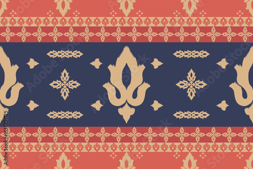 Traditional Thai textile vector pattern with lotus motif in red, navy, and gold tones. Seamless ethnic fabric design for cultural, boho, or decorative projects.