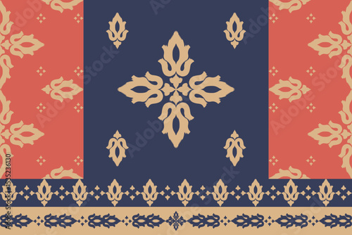 Traditional Thai textile vector pattern with lotus motif in red, navy, and gold tones. Seamless ethnic fabric design for cultural, boho, or decorative projects.