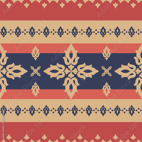 Traditional Thai textile vector pattern with lotus motif in red, navy, and gold tones. Seamless ethnic fabric design for cultural, boho, or decorative projects.