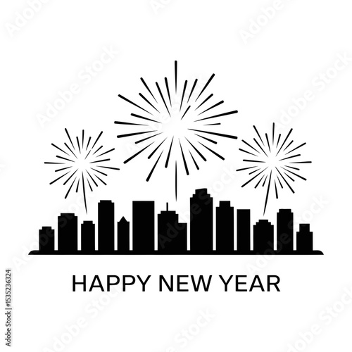Happy new year city skyline fireworks