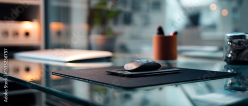 Wallpaper Mural Mouse pad and stylus placed on side of glass desk. Torontodigital.ca