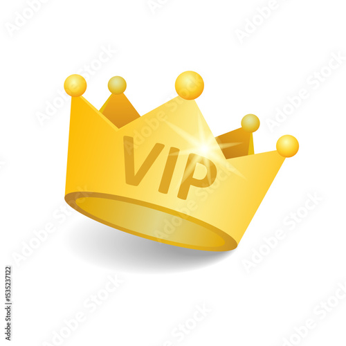 VIP. The golden crown is highlighted on a white background. 3D golden crown symbol. Signs of a luxury gold crown's rating or status, customer reviews, and popularity. Vector illustration