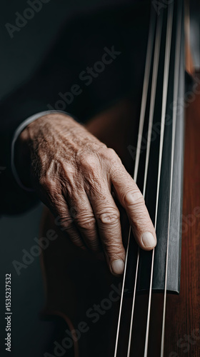 Close up of elderly hand playing stringed musical instrument with