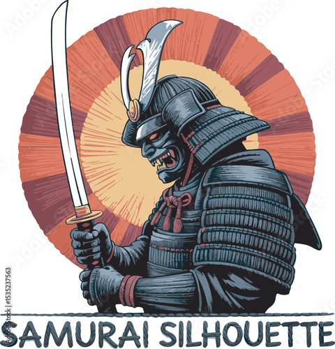 Black and White Samurai Illustration Katana Red Accents Sunburst Background