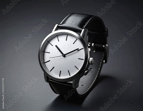 Sleek Minimalist Wristwatch:  Clean White Dial, Black Leather Band, Modern Design