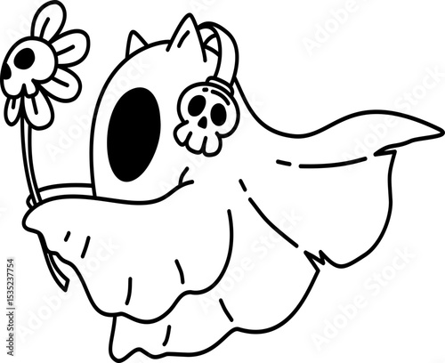 Hand drawn Halloween Groovy Ghost with Skull Flower Cartoon Outline