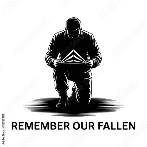 Silhouette of soldier kneeling in remembrance