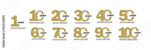 set of number 10 20 30 40 50 60 70 80 90 and 100 years anniversary logo style coloring on white background.