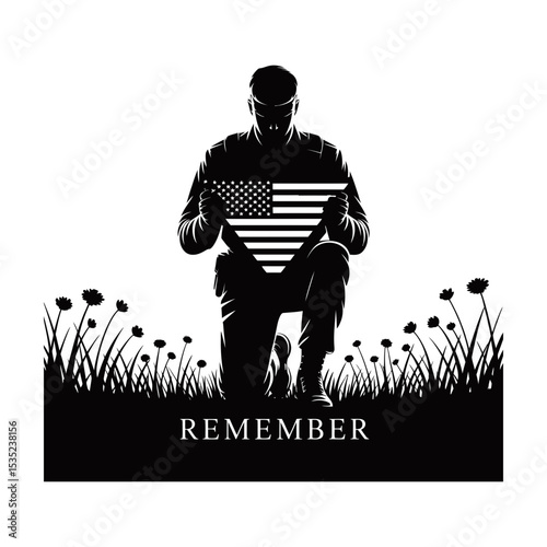 Silhouette of soldier kneeling with american flag