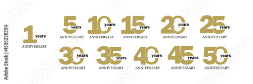 Set of 5 to 50 Years Anniversary Celebration logotype. birthday celebration emblem design for booklet, leaflet, magazine, brochure poster, web, invitation or greeting card. Vector.
