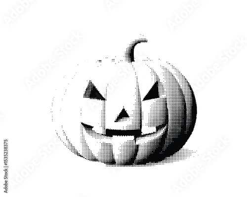 A halftone-style illustration of Halloween element , witch hat , bat, witch hat, spider,  pumpkin, etc.
