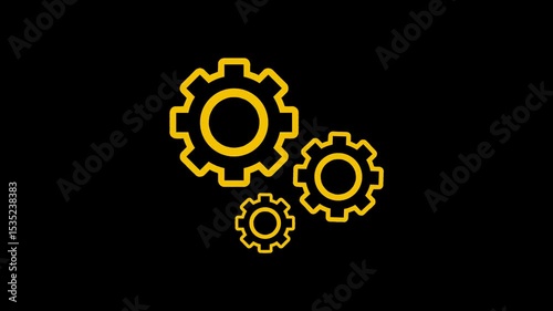 Animated yellow gear wheels on a black background, symbolizing machinery, automation, and mechanical engineering.