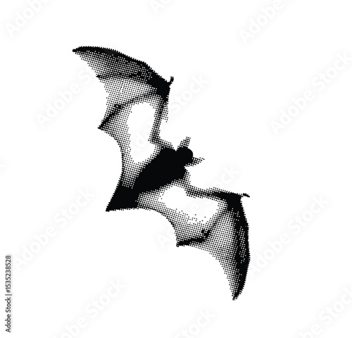 A halftone-style illustration of Halloween element , witch hat , bat, witch hat, spider,  pumpkin, etc.