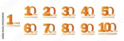 set of anniversary logo style gold color on white background for special moment. Anniversary Vector Logo Pack from 10 to 100 Years.
