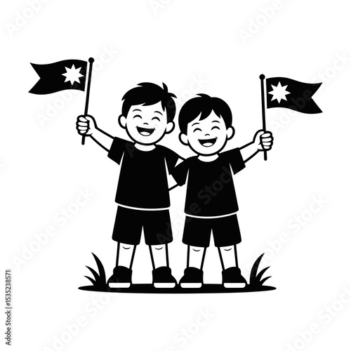Happy boys holding flags friendship teamwork
