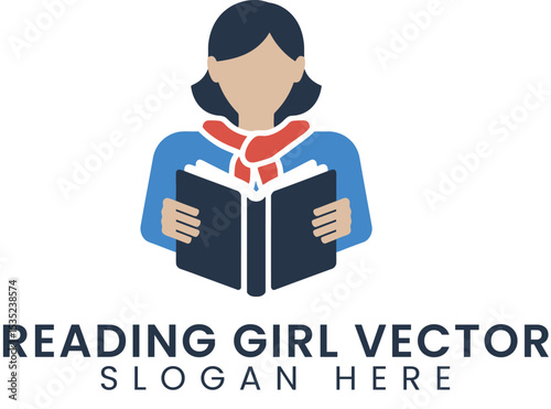 Young Woman Reading Book Vector Illustration Design red girl blue flat icon logo
