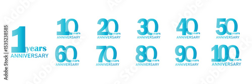 set of number 10 20 30 40 50 60 70 80 90 and 100 years anniversary logo style coloring on white background.