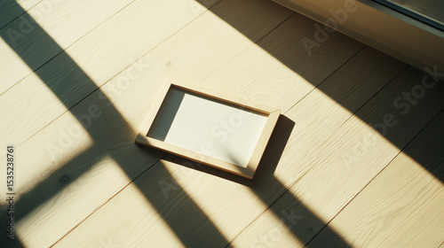 Empty wooden frame on oak floor, morning light casting shadows. Minimalism and space for imagination.
