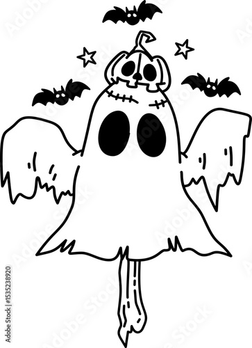 Hand drawn Halloween Scarecrow Groovy Ghost Cartoon Outline