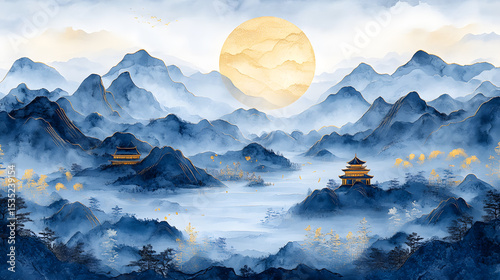 Mystical Mountain Landscape with Pagodas and a Full Moon