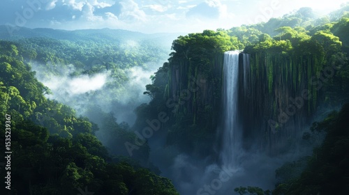 A tall, empty waterfall plunging down sheer rocky cliffs into a misty valley, surrounded by dense foliage under soft sunlight