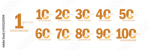set of anniversary logo style gold color on white background for special moment. Anniversary Vector Logo Pack from 10 to 100 Years.
