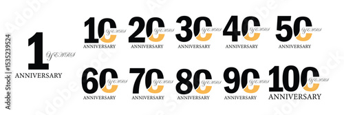 Elegant Anniversary Logo Set: 10 to 100 Years Celebration Vector Design Collection