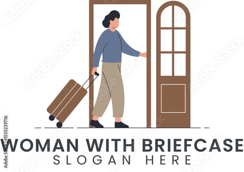 Businesswoman Leaving Hotel Room with Suitcase door trip work flat blue away    