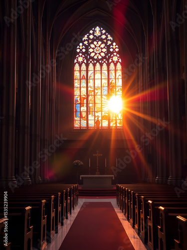 cathedral chancel view with the last rays of sunset blazing through stained glass windows, casting ruby and sapphire light across the empty pews and marble altar