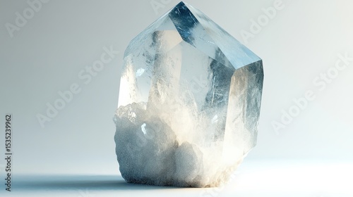 A single nepheline crystal with a white to gray color and a vitreous luster. The crystal is hexagonal in shape, with smooth surfaces and sharp edges. The background is neutral photo