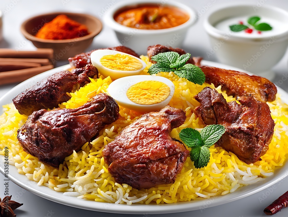Delicious and Flavorful Chicken Biryani Served with Boiled Eggs and Mint Delicious and Flavorful Chicken Biryani Served with Boiled Eggs and Mint