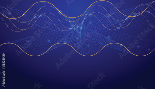 Abstract blue background with dynamic wave bubbles bright light particles modern isolated wave lines vector design.