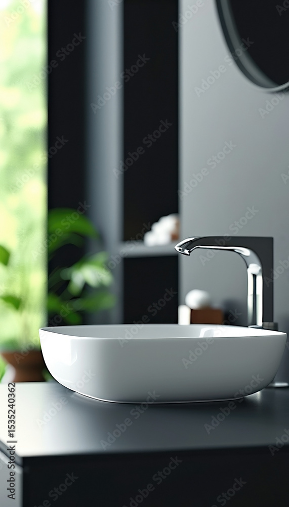 Fototapeta premium Minimalist porcelain bathroom sink with contemporary faucet design for modern interiors with copy space