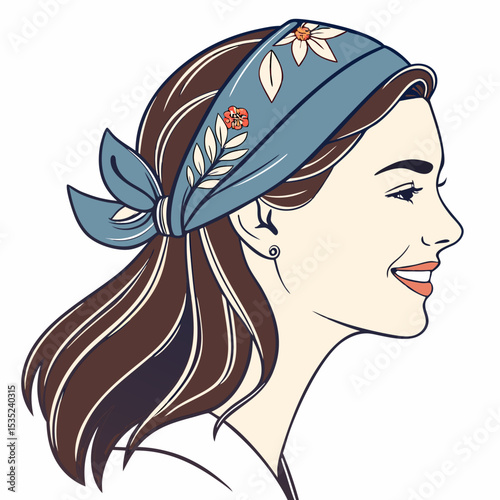 Smiling Woman in Profile with Floral Headband Illustration.