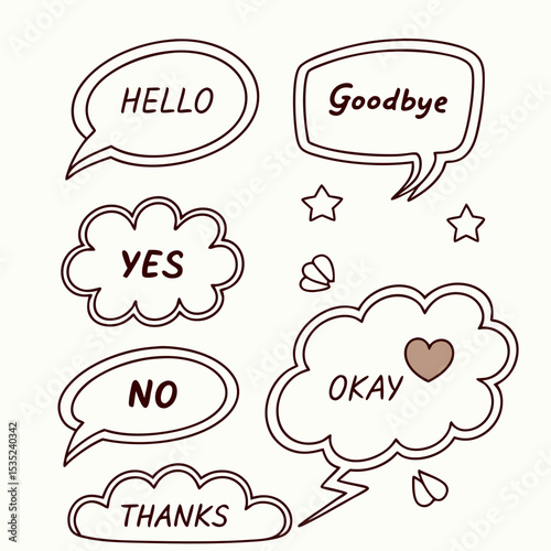 Hand-drawn Speech Bubbles with Various Phrases and Emojis.