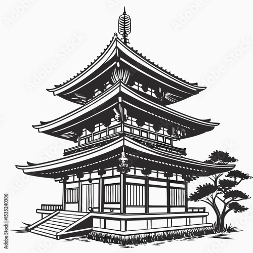 Detailed Vector Illustration of a Japanese Pagoda with Tree.