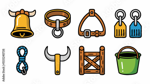 Cartoon Farm Icons Depicting Various Agricultural Tools and Equipment.