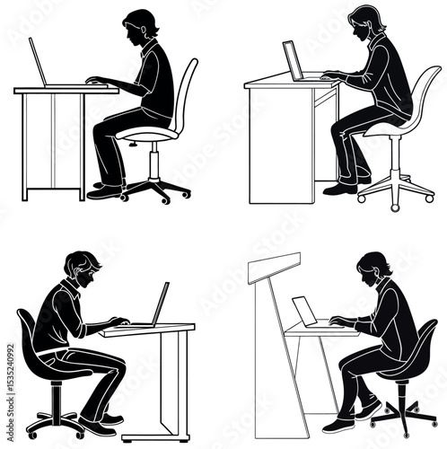 A monochrome vector set of young professionals working at desks on laptops. Each pose captures concentration and ergonomic variety, illustrating different office settings with modern chairs, desks