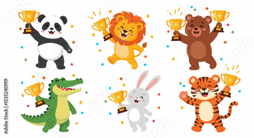 Cartoon Animals Celebrating with Trophies and Confetti on Transparent Background.