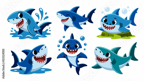 Cute Cartoon Shark Characters in Various Poses.