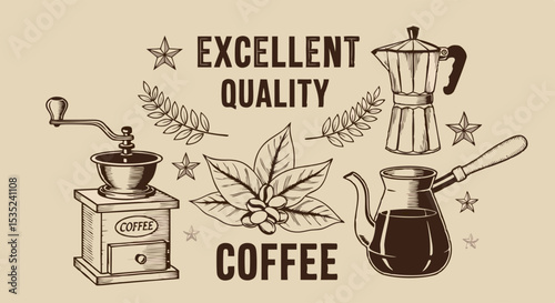 Coffee themed illustration with grinder moka pot cezve beans and leaves.