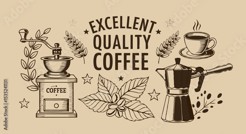 Vintage Coffee Illustration: Grinder Moka Pot and Cup.