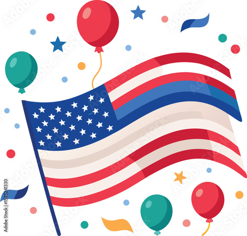 Waving American Flag with Balloons – Independence Day Celebration Vector